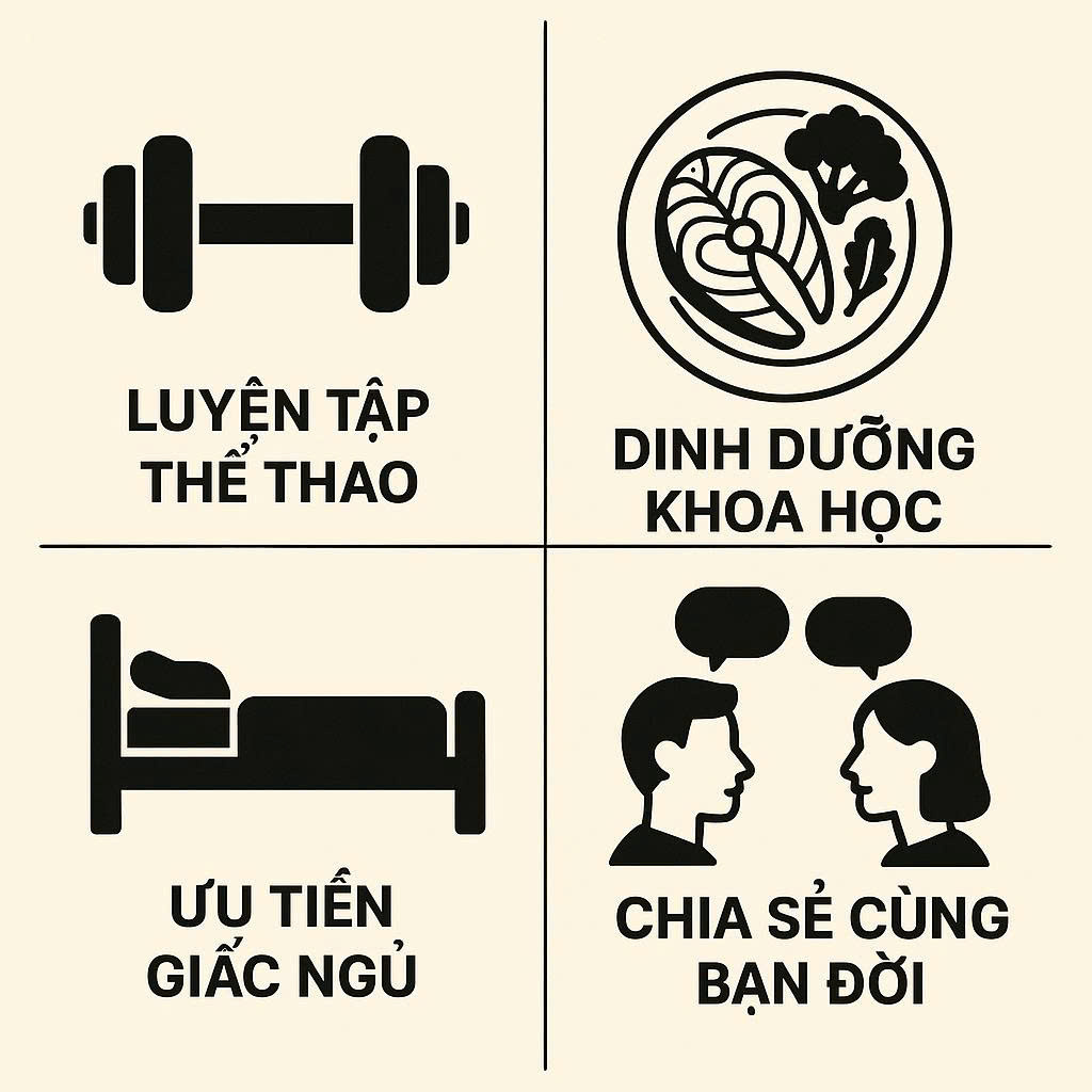 Infographic tổng hợp các giải pháp khoa học giúp lấy lại ham muốn cho nam giới như dinh dưỡng, luyện tập và ngủ đủ giấc.